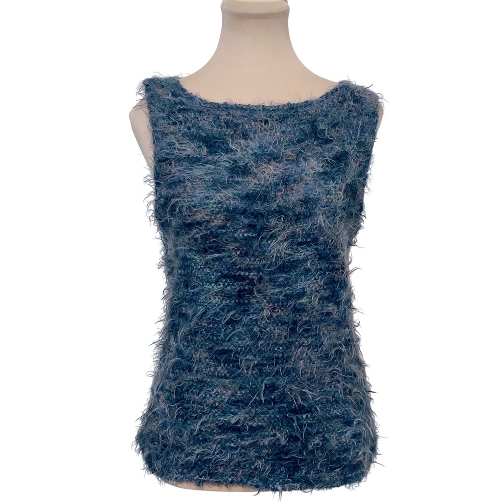 Karen Kane Womens Sleeveless Fuzzy Eyelash Knit Top Blue Medium Whimsy Boatneck